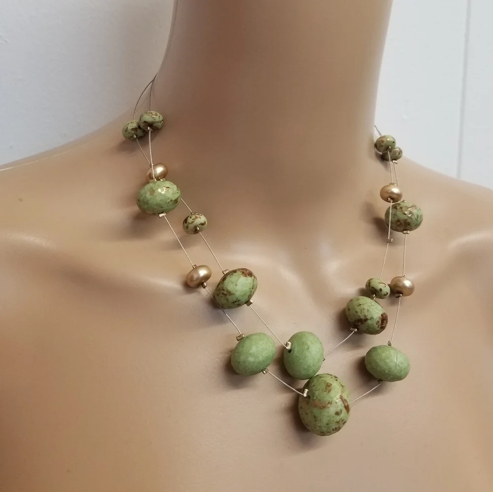 Vintage Artisan Clay Bead Illusion Necklace - Sage Green & Bronze Double Strand
